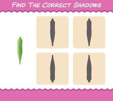 Find the correct shadows of cartoon okra. Searching and Matching game. Educational game for pre shool years kids and toddlers vector