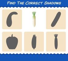 encuentra las sombras correctas de daikon de dibujos animados. juego de búsqueda y emparejamiento. juego educativo para niños y niños pequeños en edad preescolar vector