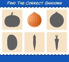 encuentra las sombras correctas de la cebolla de dibujos animados. juego de búsqueda y emparejamiento. juego educativo para niños de edad preescolar y niños pequeños vector