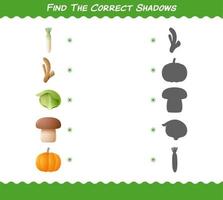 encuentra las sombras correctas de las verduras de dibujos animados. juego de búsqueda y combinación. juego educativo para niños y niños pequeños en edad preescolar vector