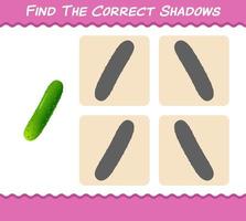 encuentra las sombras correctas del pepino de dibujos animados. juego de búsqueda y emparejamiento. juego educativo para niños y niños pequeños en edad preescolar vector