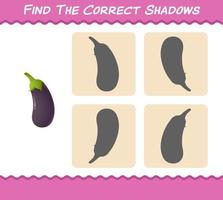 Find the correct shadows of cartoon eggplant. Searching and Matching game. Educational game for pre shool years kids and toddlers vector