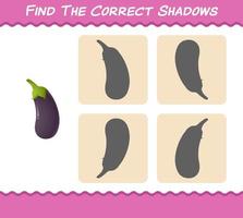 encuentra las sombras correctas de la berenjena de dibujos animados. juego de búsqueda y combinación. juego educativo para niños y niños pequeños en edad preescolar vector