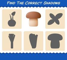 Find the correct shadows of cartoon mushroom. Searching and Matching game. Educational game for pre shool years kids and toddlers vector