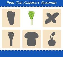 Find the correct shadows of cartoon leek. Searching and Matching game. Educational game for pre shool years kids and toddlers vector