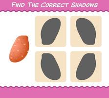 encuentra las sombras correctas de la batata de dibujos animados. juego de búsqueda y emparejamiento. juego educativo para niños de edad preescolar y niños pequeños vector