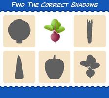 encuentra las sombras correctas de la remolacha de dibujos animados. juego de búsqueda y emparejamiento. juego educativo para niños y niños pequeños en edad preescolar vector