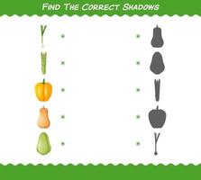 encuentra las sombras correctas de las verduras de dibujos animados. juego de búsqueda y combinación. juego educativo para niños y niños pequeños en edad preescolar vector