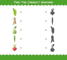 encuentra las sombras correctas de las verduras de dibujos animados. juego de búsqueda y combinación. juego educativo para niños y niños pequeños en edad preescolar vector