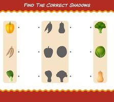 encuentra las sombras correctas de las verduras de dibujos animados. juego de búsqueda y combinación. juego educativo para niños y niños pequeños en edad preescolar vector