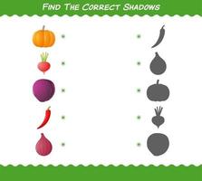 encuentra las sombras correctas de las verduras de dibujos animados. juego de búsqueda y combinación. juego educativo para niños y niños pequeños en edad preescolar vector