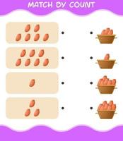 Match by count of cartoon sweet potato. Match and count game. Educational game for pre shool years kids and toddlers vector