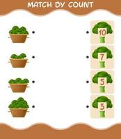 Match by count of cartoon broccoli. Match and count game. Educational game for pre shool years kids and toddlers vector
