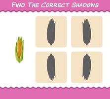 encuentra las sombras correctas del maíz de dibujos animados. juego de búsqueda y combinación. juego educativo para niños y niños pequeños en edad preescolar vector