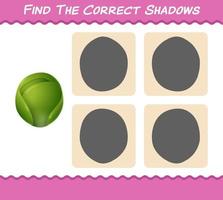 encuentra las sombras correctas de las coles de Bruselas de dibujos animados. juego de búsqueda y combinación. juego educativo para niños y niños pequeños en edad preescolar vector