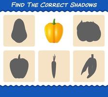 Find the correct shadows of cartoon bell pepper. Searching and Matching game. Educational game for pre shool years kids and toddlers vector