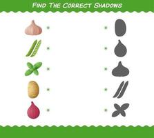 encuentra las sombras correctas de las verduras de dibujos animados. juego de búsqueda y combinación. juego educativo para niños y niños pequeños en edad preescolar vector