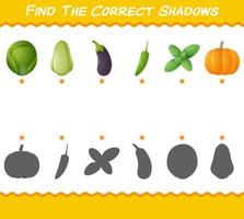 encuentra las sombras correctas de las verduras de dibujos animados. juego de búsqueda y combinación. juego educativo para niños y niños pequeños en edad preescolar vector