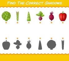 encuentra las sombras correctas de las verduras de dibujos animados. juego de búsqueda y combinación. juego educativo para niños y niños pequeños en edad preescolar vector