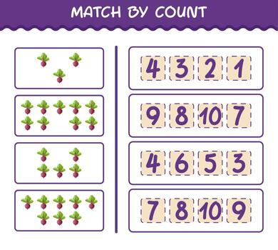 Match by count of cartoon beet. Match and count game. Educational game for pre shool years kids and toddlers vector