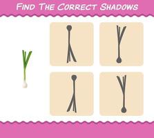 Find the correct shadows of cartoon spring onion. Searching and Matching game. Educational game for pre shool years kids and toddlers vector