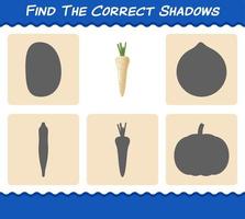 Find the correct shadows of cartoon parsnip. Searching and Matching game. Educational game for pre shool years kids and toddlers vector