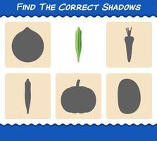 Find the correct shadows of cartoon okra. Searching and Matching game. Educational game for pre shool years kids and toddlers vector