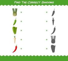 Find the correct shadows of cartoon vegetables. Searching and Matching game. Educational game for pre shool years kids and toddlers vector