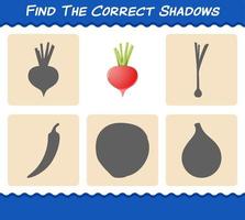 encuentra las sombras correctas del rábano de dibujos animados. juego de búsqueda y emparejamiento. juego educativo para niños y niños pequeños en edad preescolar vector