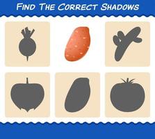 encuentra las sombras correctas de la batata de dibujos animados. juego de búsqueda y emparejamiento. juego educativo para niños de edad preescolar y niños pequeños vector