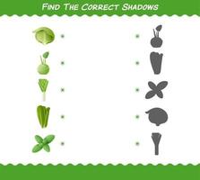 encuentra las sombras correctas de las verduras de dibujos animados. juego de búsqueda y combinación. juego educativo para niños y niños pequeños en edad preescolar vector