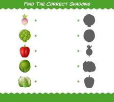 encuentra las sombras correctas de las verduras de dibujos animados. juego de búsqueda y combinación. juego educativo para niños y niños pequeños en edad preescolar vector