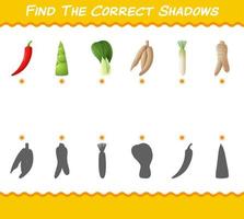 encuentra las sombras correctas de las verduras de dibujos animados. juego de búsqueda y combinación. juego educativo para niños y niños pequeños en edad preescolar vector