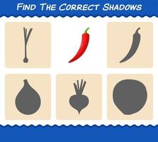 Find the correct shadows of cartoon red chilli. Searching and Matching game. Educational game for pre shool years kids and toddlers vector