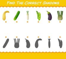 encuentra las sombras correctas de las verduras de dibujos animados. juego de búsqueda y combinación. juego educativo para niños y niños pequeños en edad preescolar vector