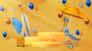 Summer display podium decoration background with beach ornament. Vector 3D Illustration