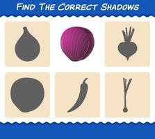 encuentra las sombras correctas de la col roja de dibujos animados. juego de búsqueda y combinación. juego educativo para niños y niños pequeños en edad preescolar vector