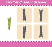 Find the correct shadows of cartoon asparagus. Searching and Matching game. Educational game for pre shool years kids and toddlers vector