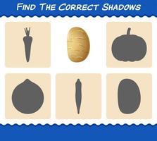 Find the correct shadows of cartoon potato. Searching and Matching game. Educational game for pre shool years kids and toddlers vector