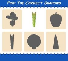 Find the correct shadows of cartoon asparagus. Searching and Matching game. Educational game for pre shool years kids and toddlers vector