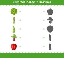 encuentra las sombras correctas de las verduras de dibujos animados. juego de búsqueda y combinación. juego educativo para niños y niños pequeños en edad preescolar vector