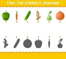 encuentra las sombras correctas de las verduras de dibujos animados. juego de búsqueda y combinación. juego educativo para niños y niños pequeños en edad preescolar vector