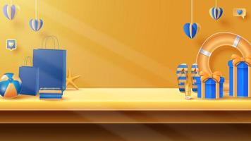 Summer display podium decoration background with beach ornament. Vector 3D Illustration