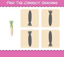Find the correct shadows of cartoon daikon. Searching and Matching game. Educational game for pre shool years kids and toddlers vector