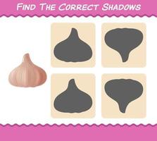 Find the correct shadows of cartoon garlic. Searching and Matching game. Educational game for pre shool years kids and toddlers vector