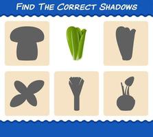 encuentra las sombras correctas de la lechuga de dibujos animados. juego de búsqueda y emparejamiento. juego educativo para niños de edad preescolar y niños pequeños vector