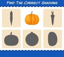 encuentra las sombras correctas de la calabaza de dibujos animados. juego de búsqueda y emparejamiento. juego educativo para niños de edad preescolar y niños pequeños vector