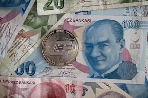Various Turkish Lira Banknotes and Dash Coin photo