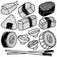 Sushi ingredients set in simple sketchy style. Salmon, tuna, shrimps,  avocado, nori, caviar, cucumber, scallions, rice. 17765438 Vector Art at  Vecteezy