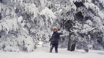 jongen die bij sneeuwweer naar de hemel kijkt. vrije jongen in het bos kijkend naar de lucht met beide handen uitgestrekt. video